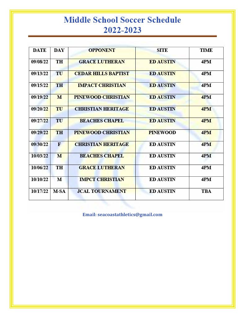 SCA Middle School Soccer Schedule