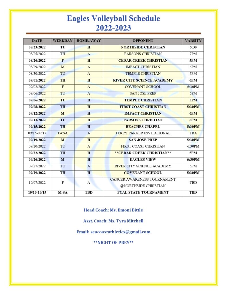 SCA Volleyball Schedule
